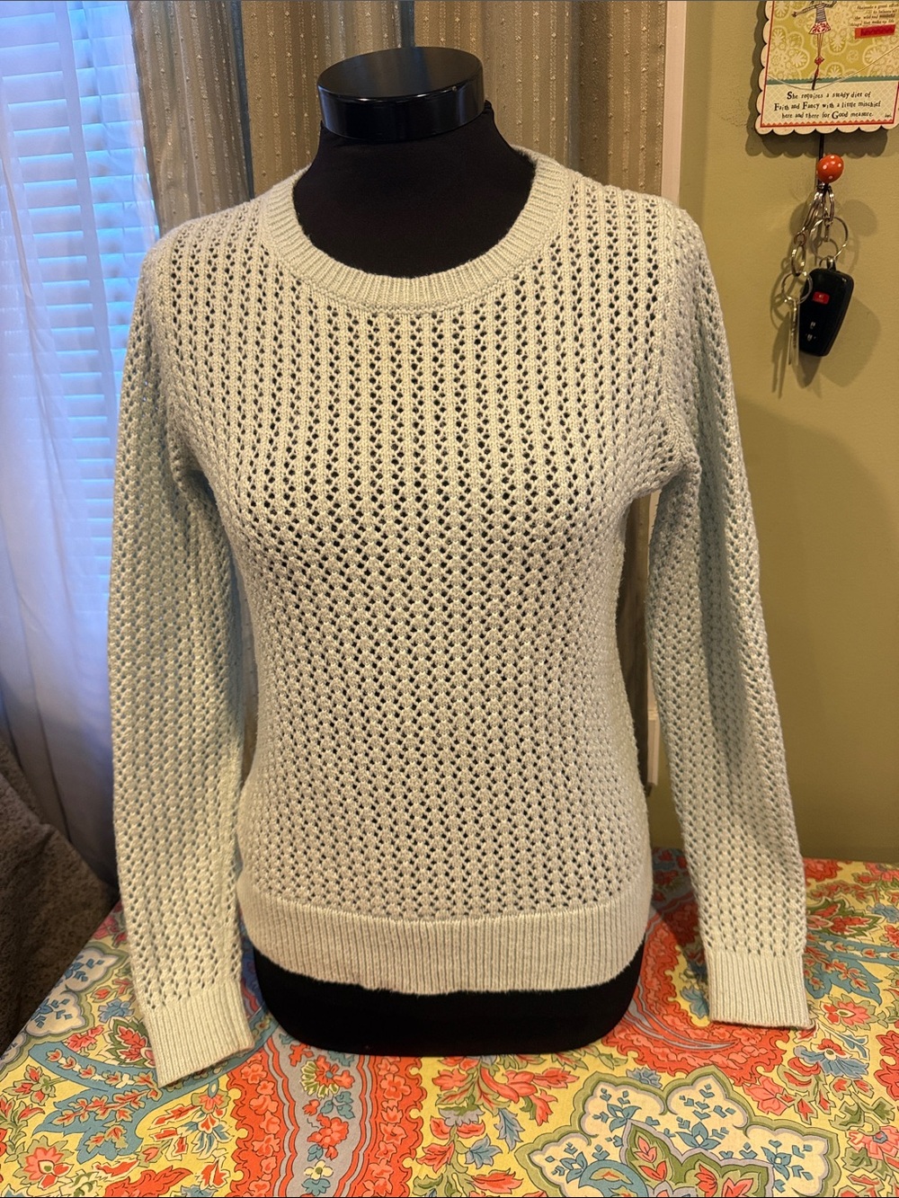 LOFT Light Blue Open-Stitch Crewneck Sweater